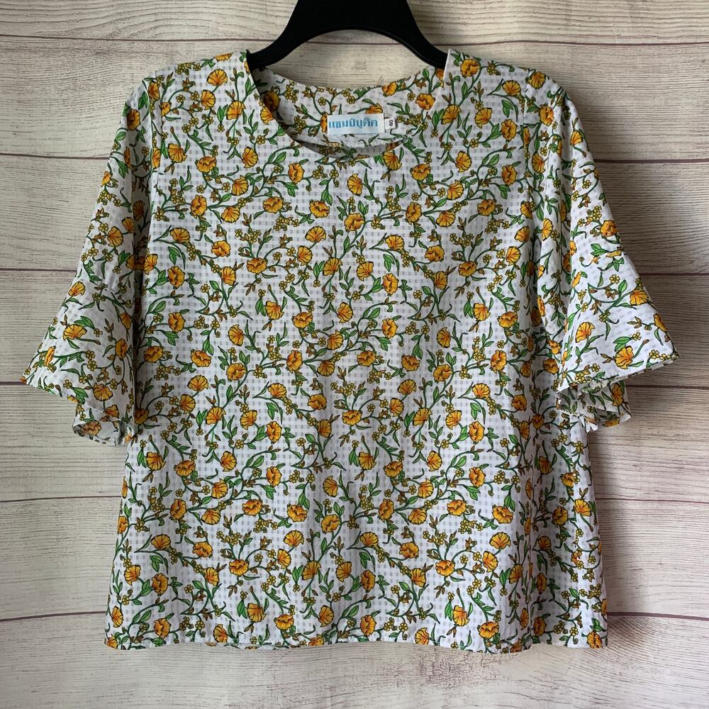 White with Yellow and Green Floral Pattern Blouse Sheer Gingham Check Size 40